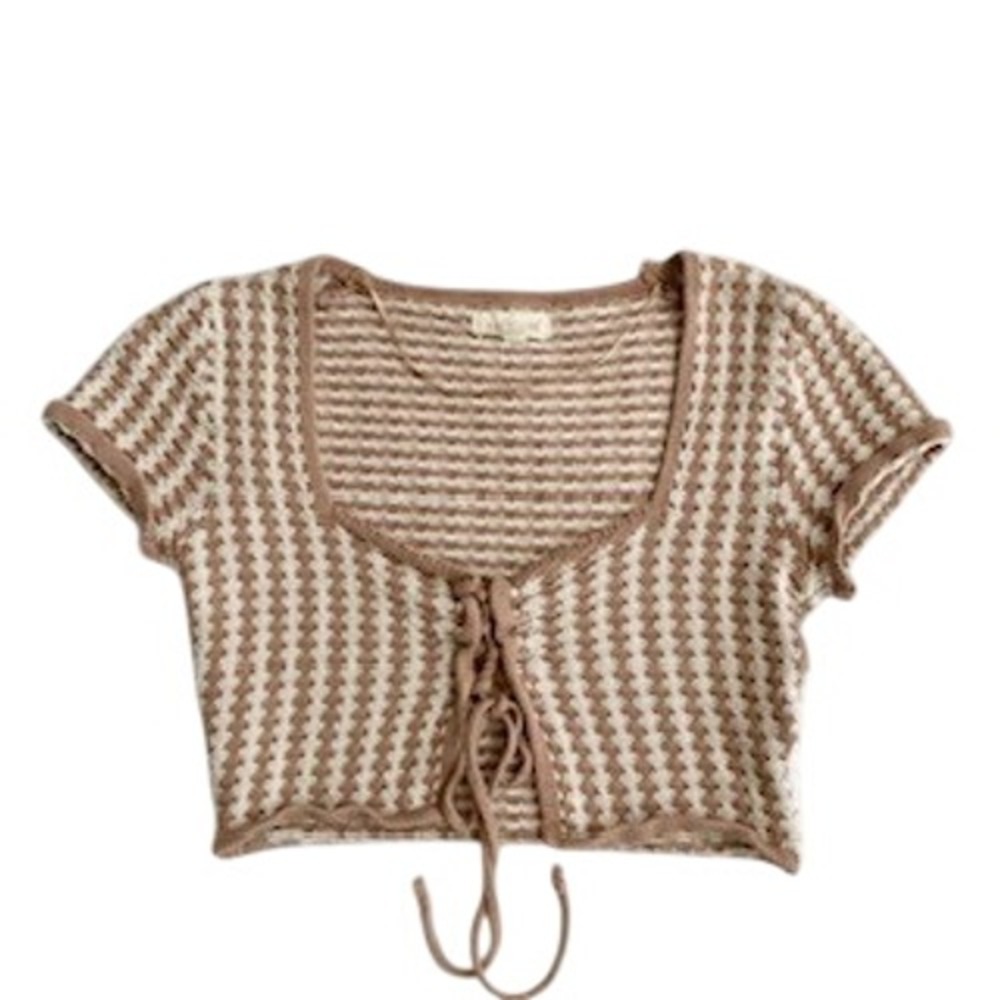 LA Hearts Womens XS Tan Cream Checkered Lace Up Knit Crop Top Short Sleeve